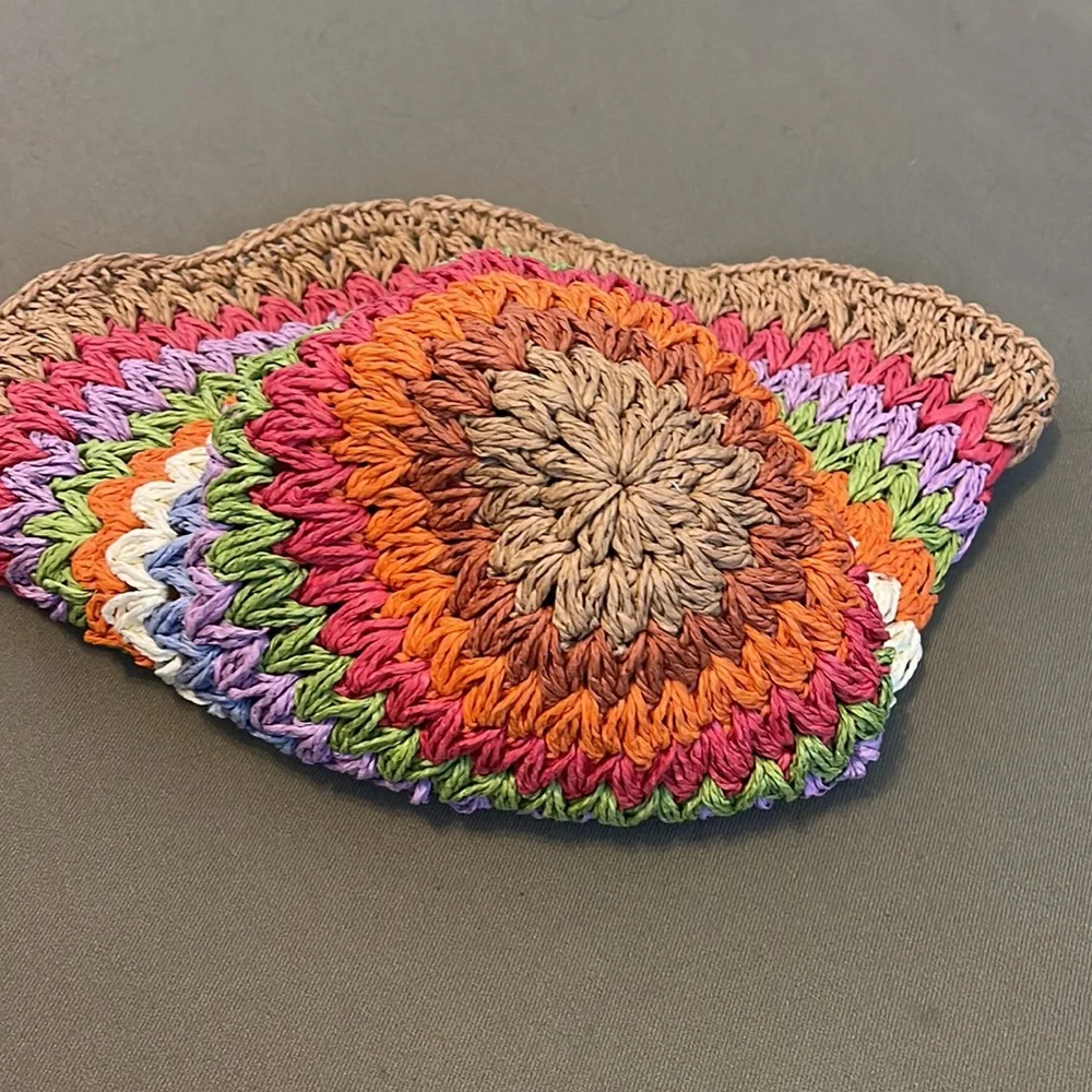 Hand-Crocheted Multicolor Raffia Bucket Hat - Picture 12 of 13